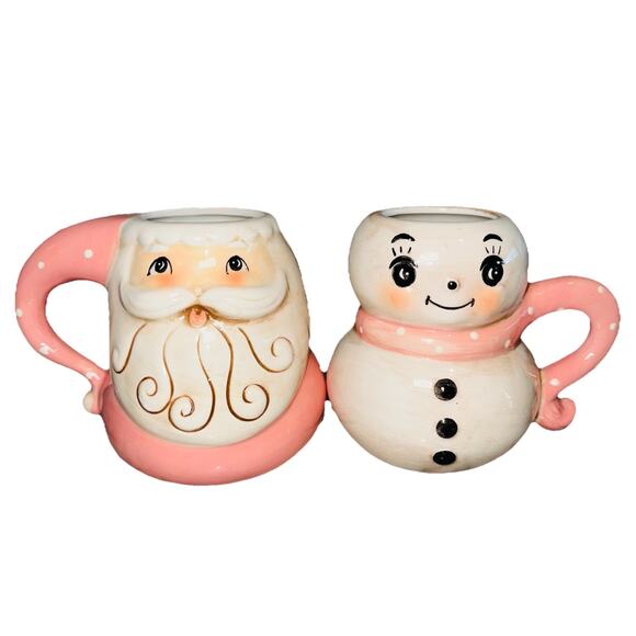 SET Johanna Parker KITSCH Pink Christmas Coffee Mug Cup Santa Snowman Vintage - Picture 1 of 3